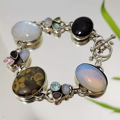 Eclectic Gemstone Bracelet Multi Stone Sterling Silver Opalite Jasper Moonstone • $125