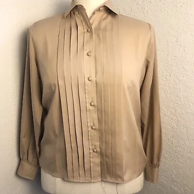 VTG Josephine Pleated Blouse Womens 8 Tan Button Up Polyester Long Sleeve Shirt • $12