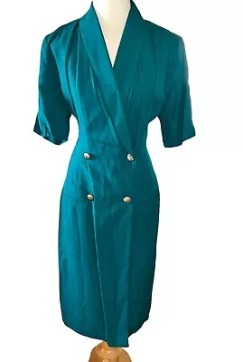 Stuart Alan Womens Dress 16 Vintage 80s Sheath Button Emerald Green Fancy Dress • $16