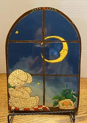 Vintage Hand Painted Moon Bunny Night Sky Wood Plaque Signed 1987 Kzb Baby Room • $9