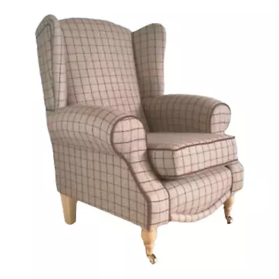 Wing Back Cottage  Queen Anne Chair - Bamburgh Mulberry Check Light Wood Legs • £479