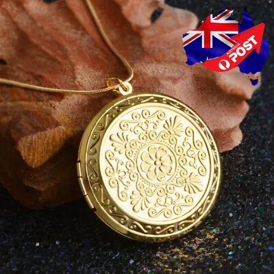 18K Yellow Gold GP Photo Picture Locket Flower Charm Pendant Necklace Men Women • $9.99