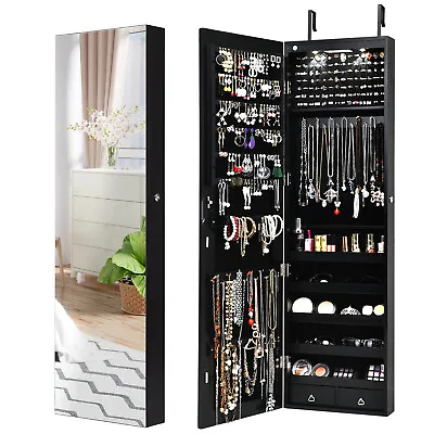 Lockable LED Mirror Jewelry Cabinet Organizer Wall Mounted Jewelry Armoire Black • £69.95