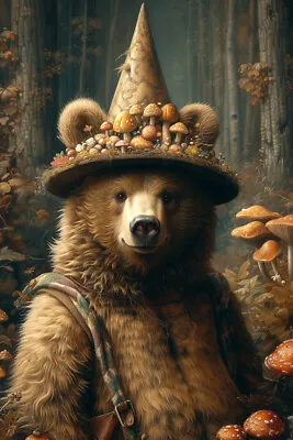 FOREST BEAR FINE ART PRINT Grizzly Poster Mushroom Hat Wall Decor Fantasy D031 • $7.95