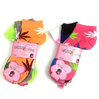 Womens Pot Leaf Ankle Socks Size 9-11 Marijuana Design Colorful Low Cut 6 Pair • £8.16