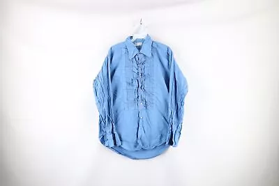 Vtg 60s Streetwear Mens 16.5 33 Ruffled Tuxedo Prom Disco Button Shirt Blue USA • $62.95