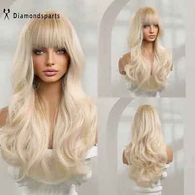 Women Fanshion Wig Long Wavy Platinum Blonde Hair Wigs With Bangs Daily Use US • $18.89