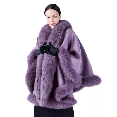 Women's 100% Genuine Fox Fur Shawl Cashmere Wool Ponchos Cape Cardigan Coat Tops • $472.90