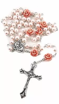 Catholic Pink Pearl Beads Rosary Rose Necklace Holy Soil Medal Cross • $11.70