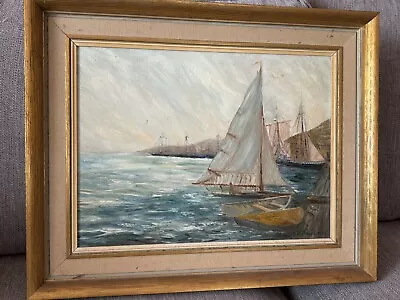 MCM Original SIGNED Oil Painting Framed Harbor Ships Boats Seascape Harbor • $150