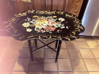 Vtg Hand Painted Black Tole Tray Top Coffee Table Flowers Floral 25”x20” BEAUTY • $195