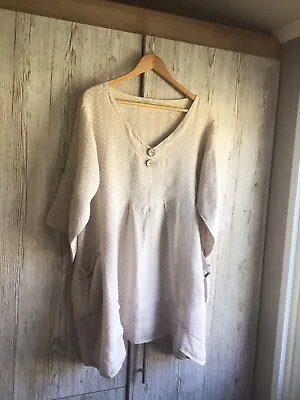 Made In Italy SAND & WHITE 100% Linen TUNIC Dress SIZE L LAGENLOOK • £9.99