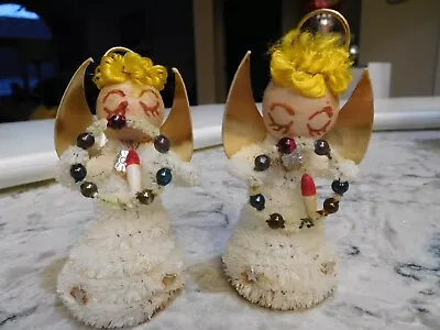 Vintage Chenille Angels Holding Candles & Wreaths Christmas Tree Ornaments 2 • $15