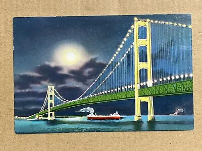 Postcard Michigan Mackinac Bridge At Night Barge Moon Vintage MI PC • $4.99