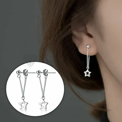 Women Classic 925 Sterling Silver Hollow Star Pendant Link Chain Stud Earrings • £3.99