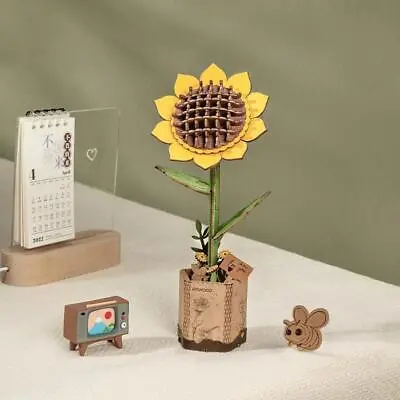 Sunflower Wooden Puzzle 3D Flower Model Building Kit In Vase Self Assemble DIY • £9.49