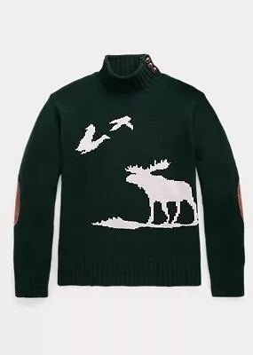 Ralph Lauren Mens Moose Intarsia Green Sweater With Suede Elbow Patches Size M • $249