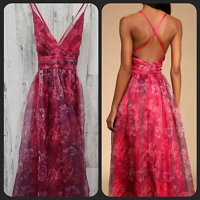 LULUS Size MEDIUM Romance That Wows Magenta Floral Print Organza Maxi Dress*NWOT • $49.99