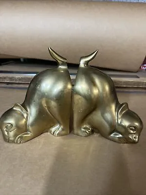 Vintage Brass Cats Bookends Made In Korea Set Of 2 Kittens Tails In Air Art Deco • $39