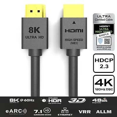 Certified HDMI 2.1 Cable Ultra HD 8K@60Hz 48Gbps 4K@120Hz 3D UHD HDR EARC HEC • $24.98