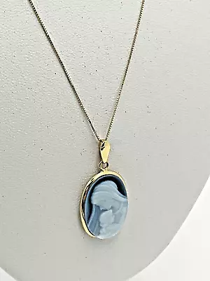 14k Yellow Gold Carved Blue Agate Mother & Child Cameo Pendant Necklace 19” • $159.99