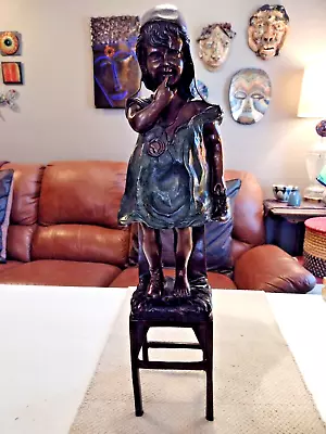 A Moreau Bronze Metal Statue 24  Tall Girl Standing On Chair Holding Shoe • $750