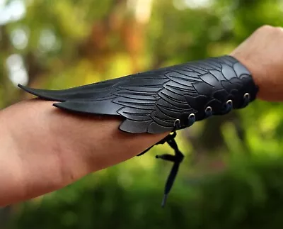 2 Pieces Leather Gauntlet Raven Wings Medieval Leather Viking Armor Cuff Bracers • $59.95