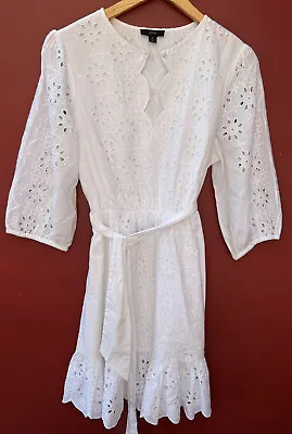 J Crew Scalloped Eyelet Dress Medium White Tie Waist Lace • $40.50