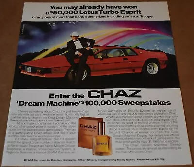 $9.98 • Buy 1985 Print Ad CHAZ For Men Cologne Lotus Turbo Esprit Car Sweepstakes Man Hat