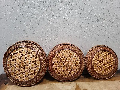 Vintage Round Woven Nesting Baskets W/Lids Boho Multicolor Set Of 3 • $34.99