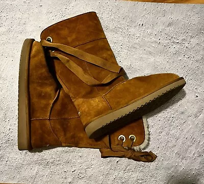 Koolaburra Ugg Womens Boots Size 11 Brown Suede Winter Boots Mid Calf Fur • $48