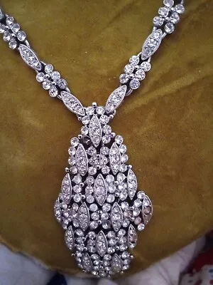 Vintage Eisenberg Clear Rhinestone Silver Tone Drop Necklace Signed • $59.99