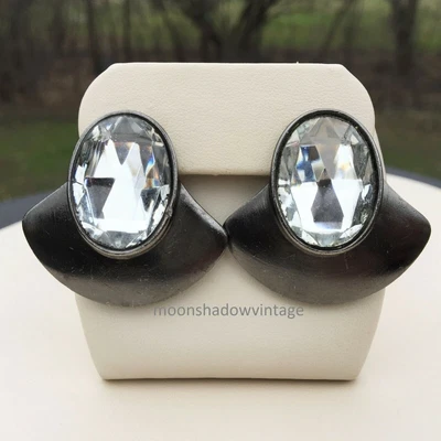 $24.88 • Buy BEN AMUN Modern Fan Style 1.50  Clip Earrings Oval Clear Crystal Gunmetal Gray
