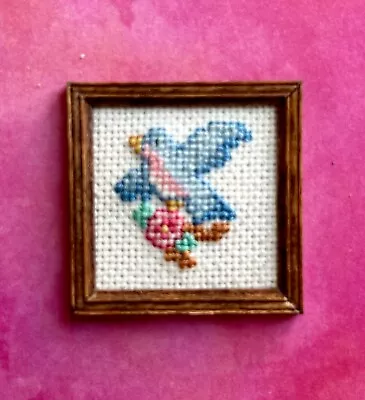 1:12 Scale Miniature Artist Made Needlepoint Picture Of A Bluebird Carry A Rose • $36.80