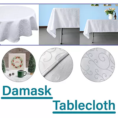 Damask Table Cover Cloth White Rectangle Round 100% Polyester Tablecloth Banquet • £181.49