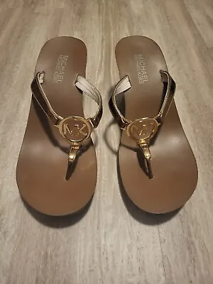 MICHAEL KORS Logo Plate Sandals Gold Thong Cognac Women’s Size 7 1/2 • $22.18