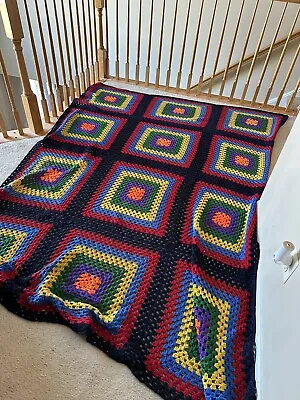 VTG Multicolor Crochet Granny Square Roseanne Afghan Quilt Blanket Throw 99 X77” • $34.99