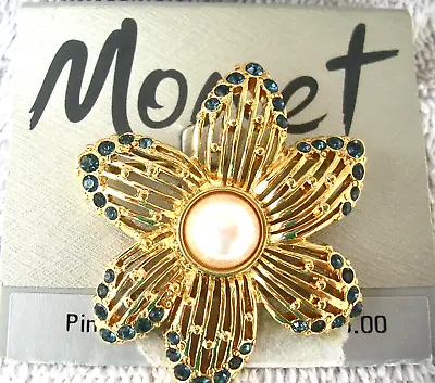 Vintage Monet Rhinestone & Faux Pearl Pin/Brooch  New Old Stock  # M-2 • $15