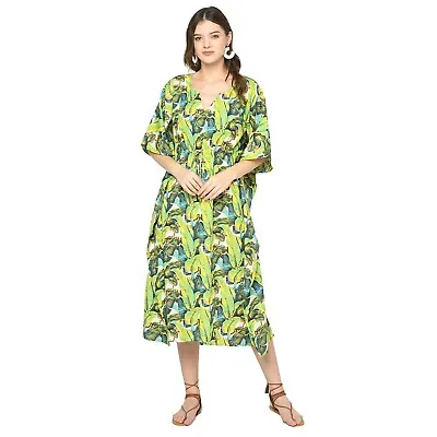 Indian Cotton Green Banana Leaf Kaftan Dress Women Clothing Kaftan Dresses AU • $33.75