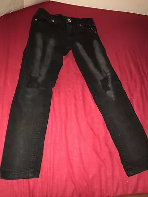 £7 • Buy Girls River Island Black Skinny Jeans Sparkly Knees Biker Look Age 9 Years Vgc