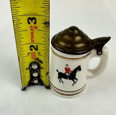 Miniature Beer Stein Mug Brass Lid Horse Jockey Image Gold Rimmed 2.5  Vintage • $12