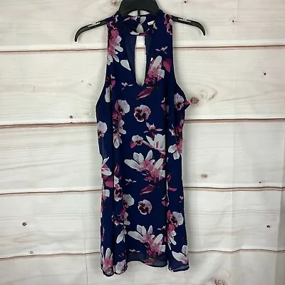 MiAmi Dress Womens M Floral Print Halter Keyhole Neck Shift Blue Sleeveless Mini • $14.99