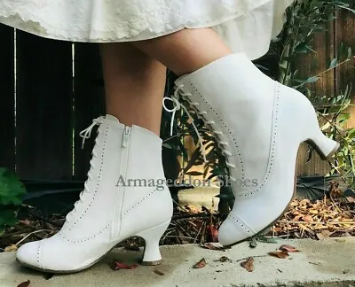 $67.95 • Buy Cream Ivory Vintage Steampunk Antebellum Victorian Frontier Ankle Boots Womans