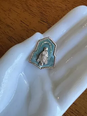 Vintage Blue & Gold Tone Elegant Miraculous Virgin Mary Pin Catholic Mini Brooch • $9.99