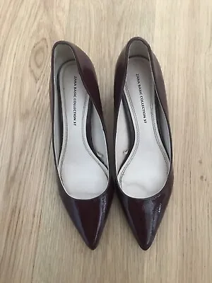 Zara Basic Pointed Toe Mid Heel Court Shoes Burgundy Patent Size 4 • £15