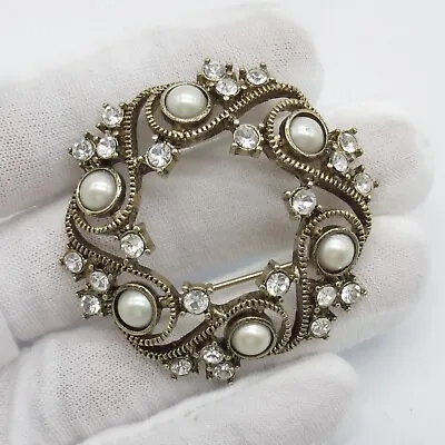 Monet Faux Pearl Wreath Pin Brooch 1.9 X1.9  Milgrain Bronze Tone Classic • $13.49