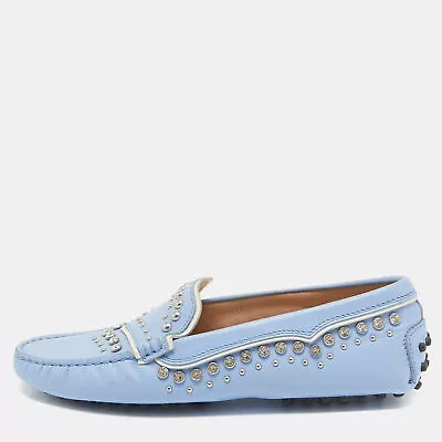 Tod's Blue Leather Crystal Embellished Loafers Size 37 • $339.15