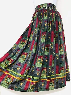 Vintage Skirt Flared Pockets Landhaus Floral Green Red Quality Boho Size 10  • £33.15