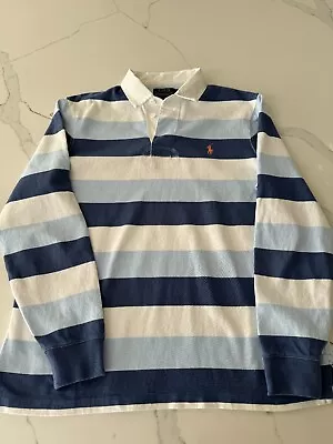 Genuine POLO RALPH LAUREN Mens Blue & White Striped Rugby Shirt Custom Slim Fit • £49.99