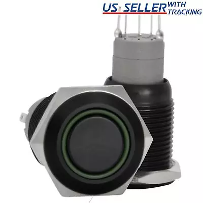 16mm 12V LED Momentary Push Button Black Metal Power Switch Green • $7.29